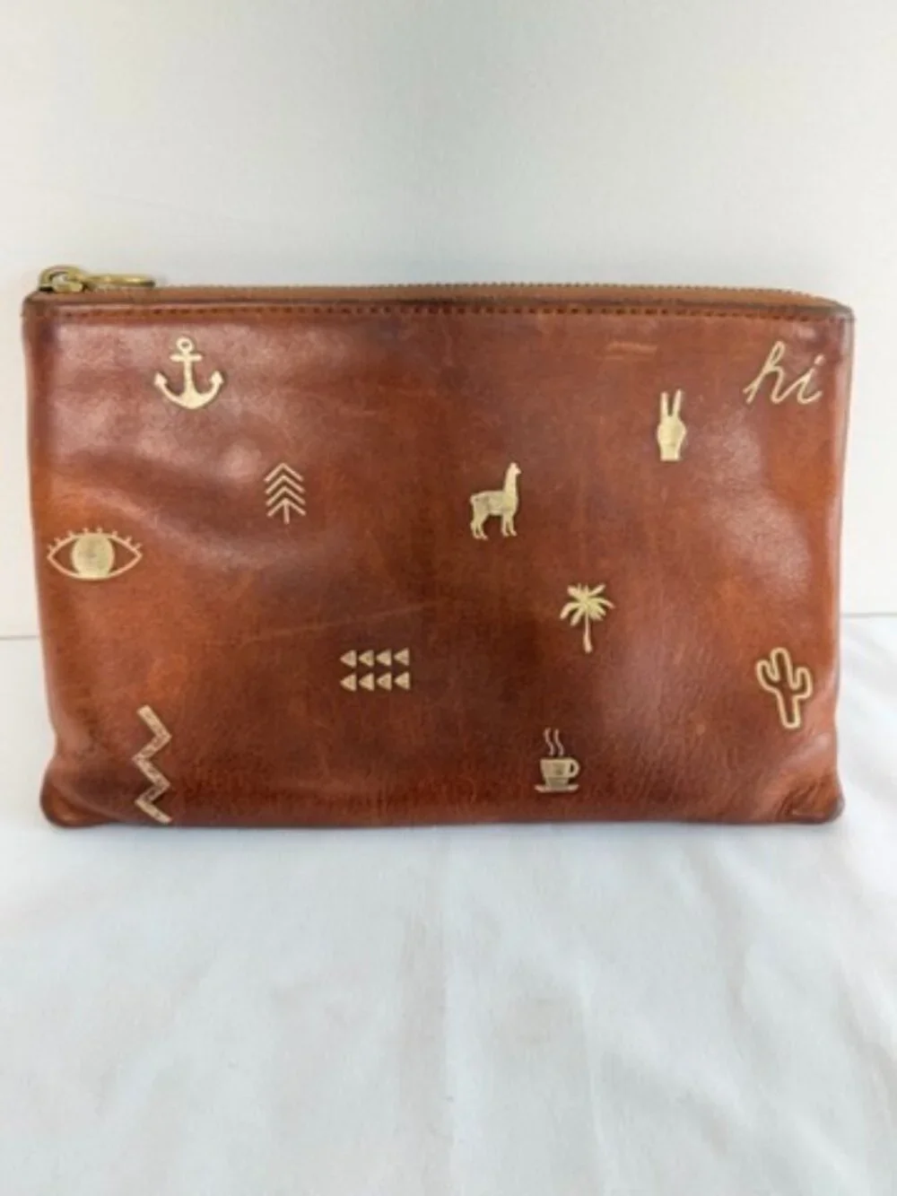 MADEWELL Leather Pouch Gold Southwest Symbols Chestnut Brown NWT